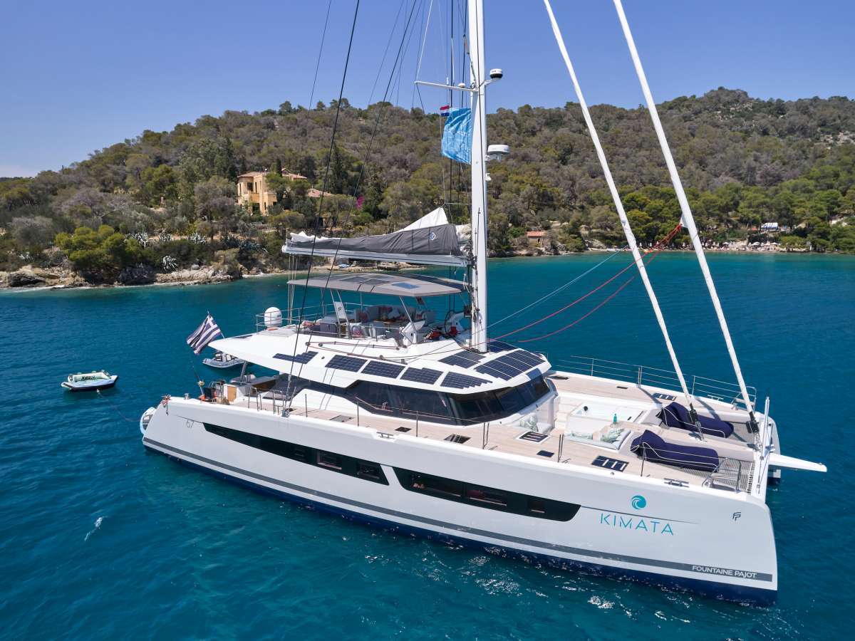 Kimata Crewed Alegria 67 Catamaran Charter Anchored in Greece