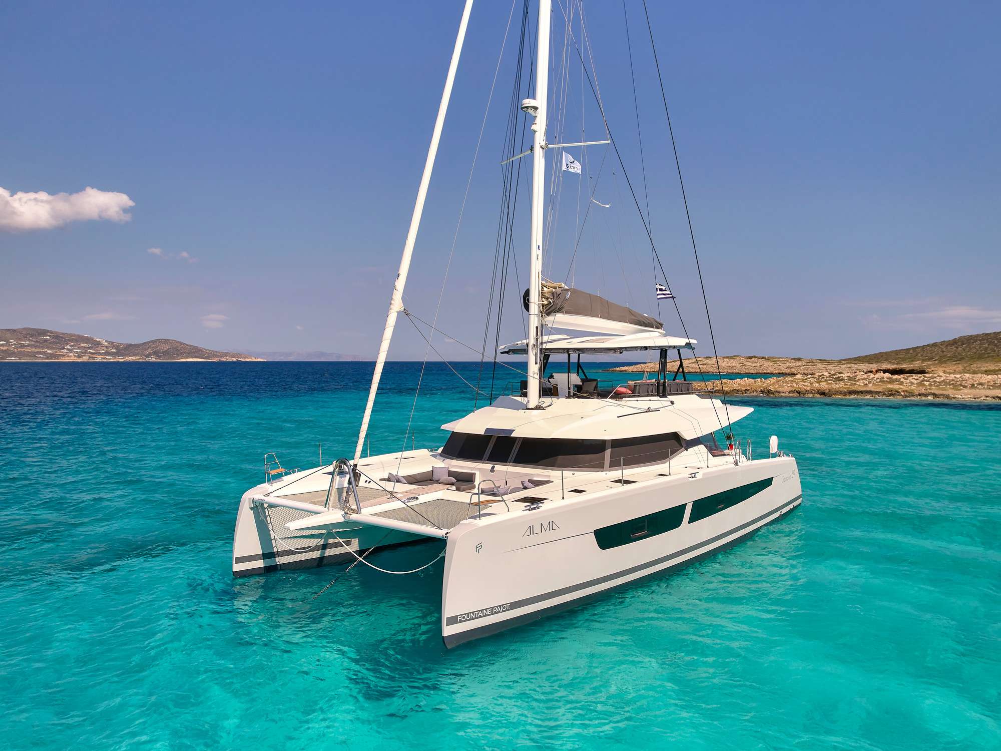 Alma Crewed Fountaine Pajot Samana 61 Catamaran Charter Sailing in Greece