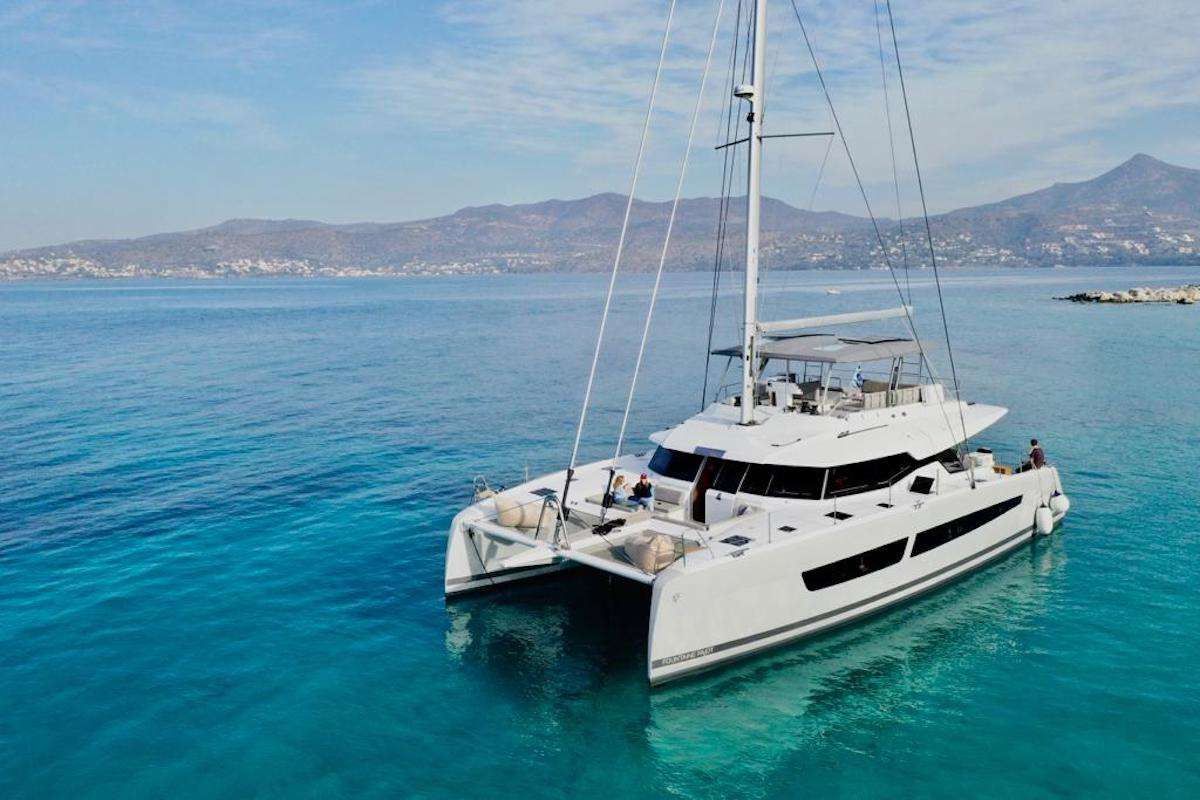 Allure Crewed Fountaine Pajot Samana 59 Catamaran Charter Sailing Greece.