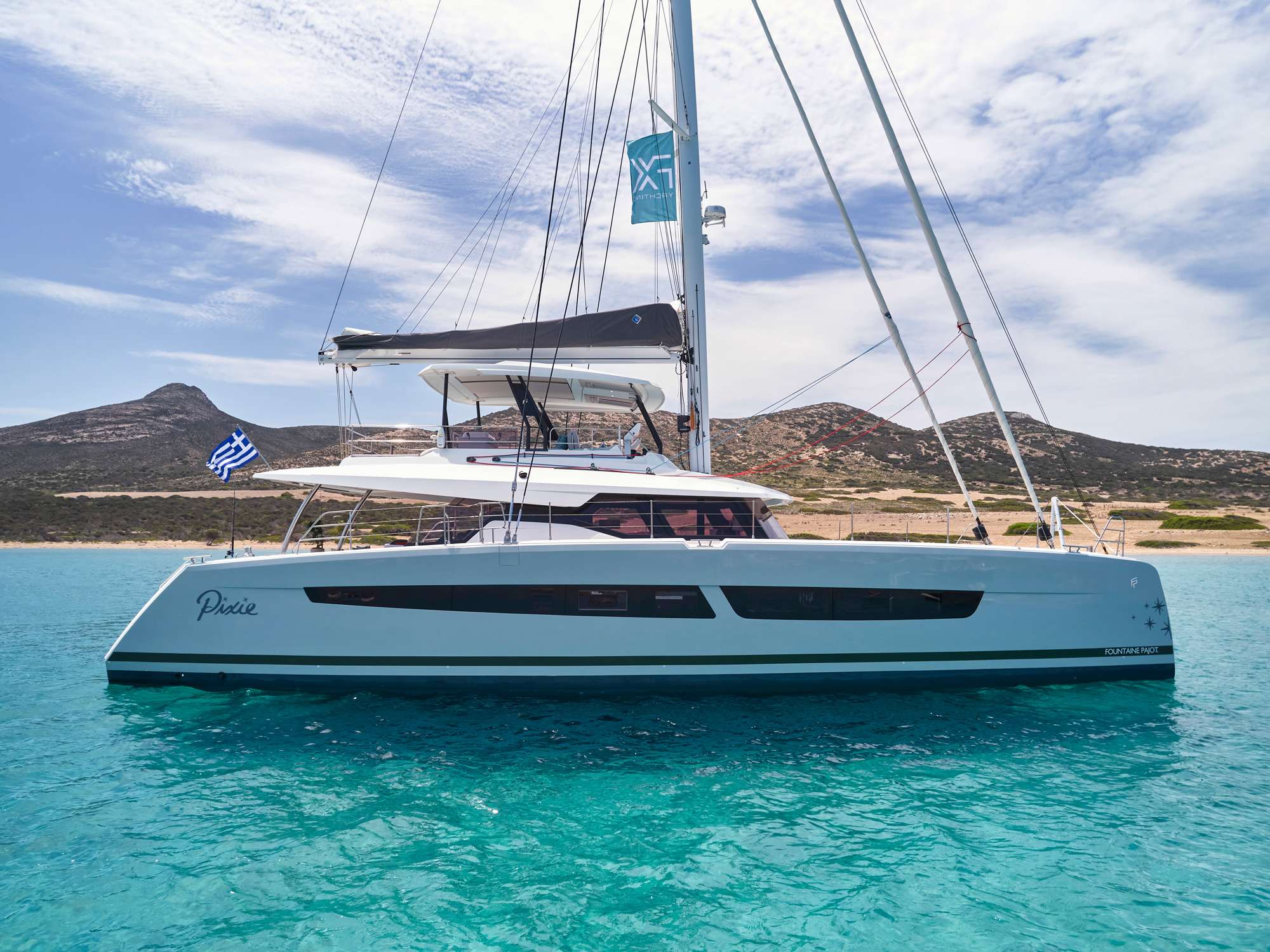 Pixie Crewed Fountaine Pajot Alegria 67 Catamaran Charter Sailing Greece