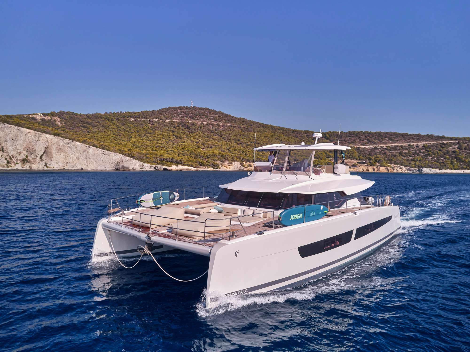 Elly Crewed Fountaine Pajot Power 67 Powercat Charter Cruising Greece.