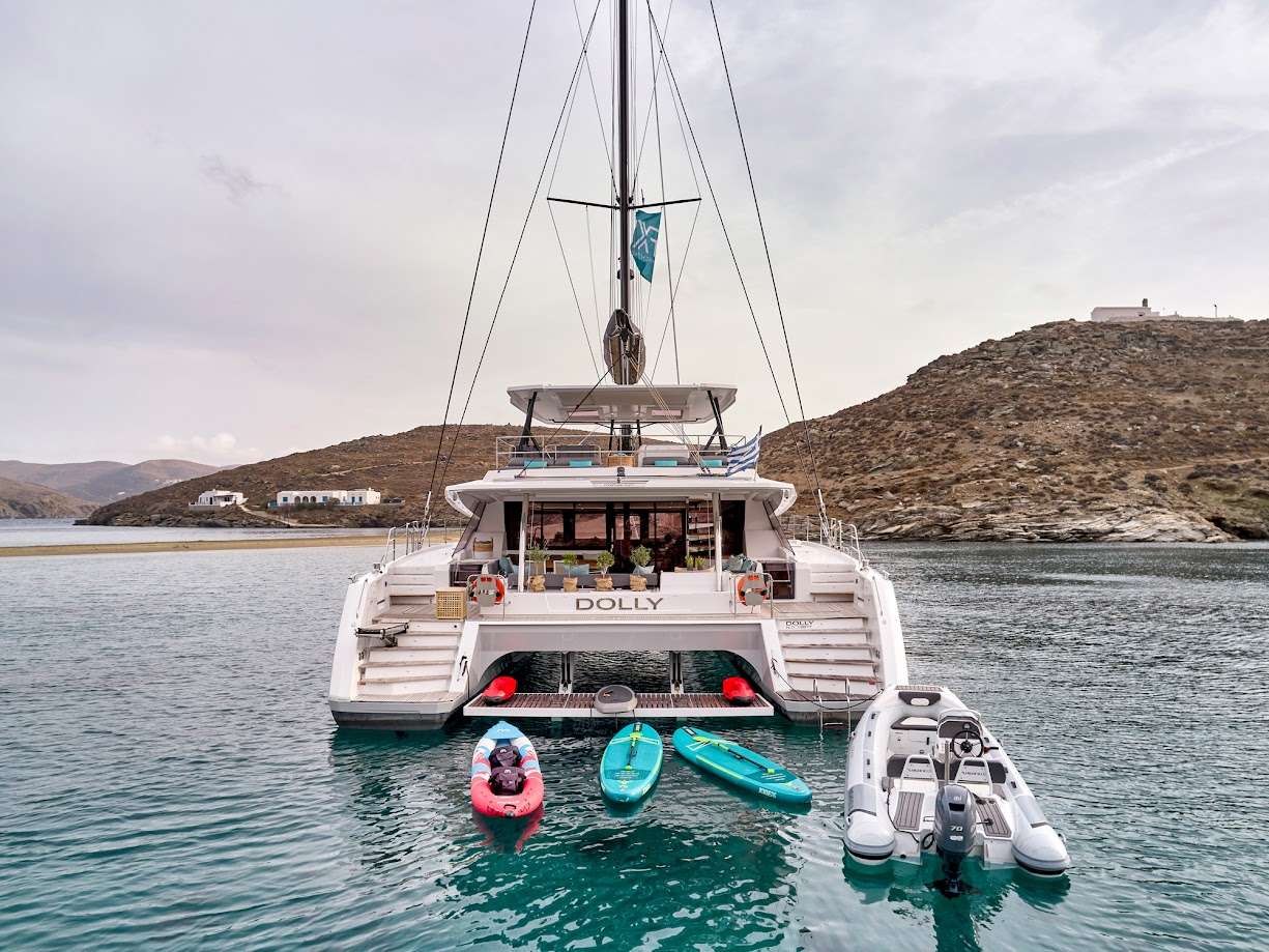 Dolly Crewed Fountaine Pajot Alegria 67 Catamaran Charter Sailing Greece.