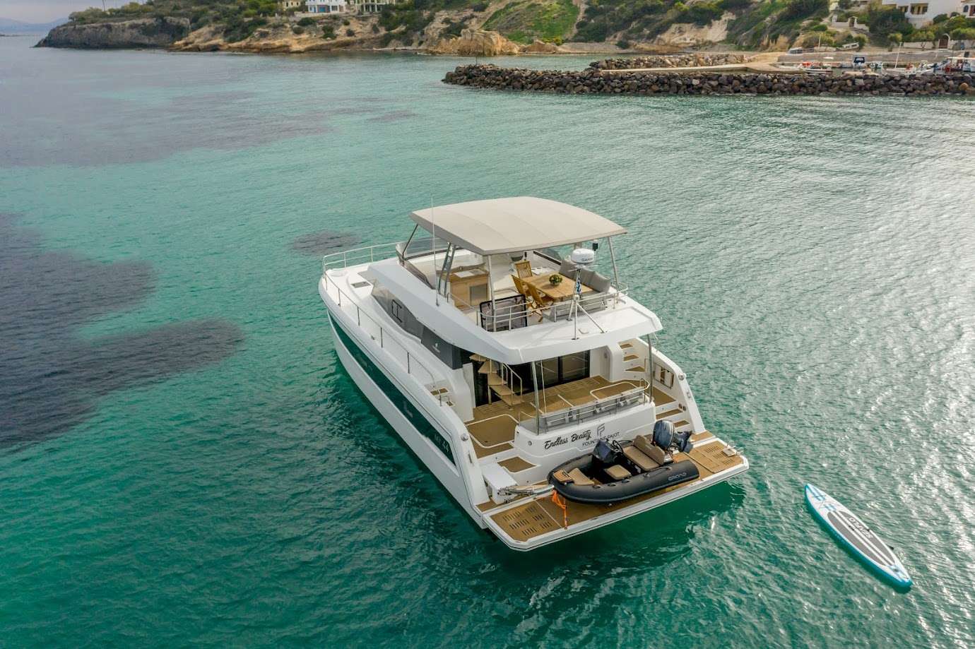 Endless Beauty Crewed Fountaine Pajot MY44 Powercat Charter Sailing Greece