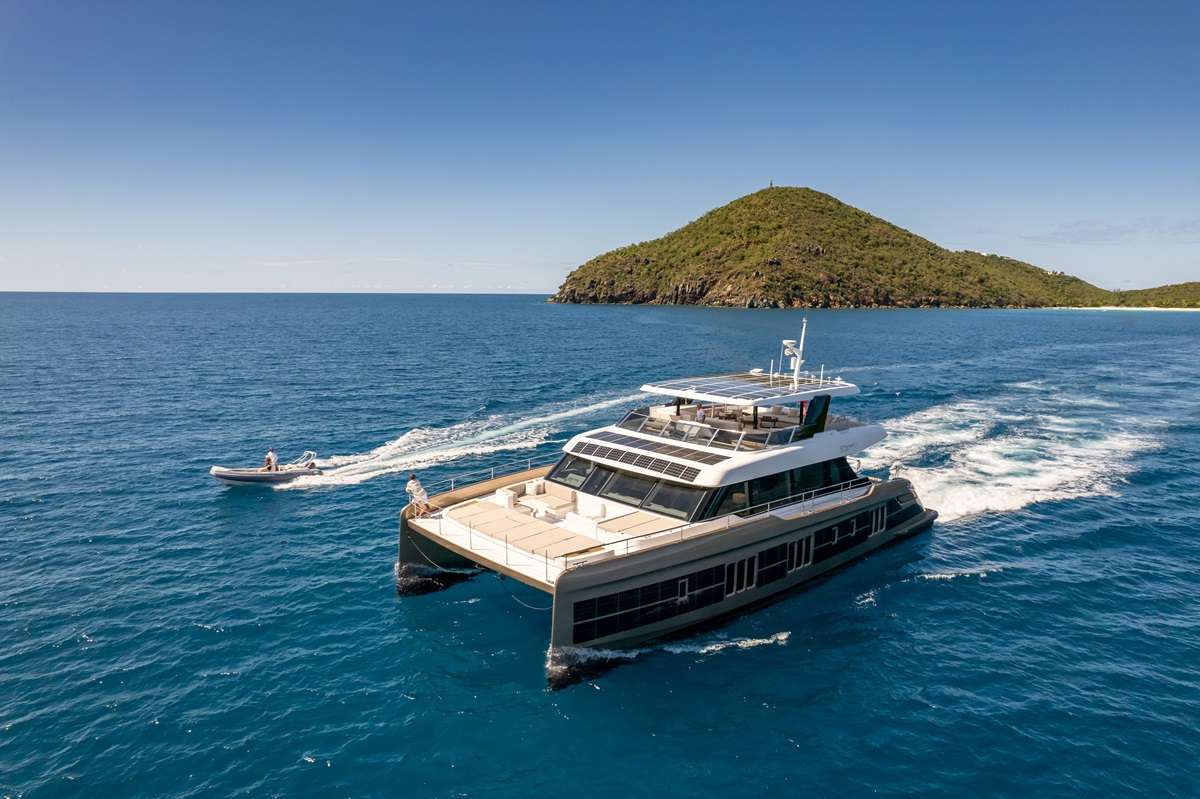 Sol Crewed Powercat Sunreef 80 Eco Charter Cruising the BVI.