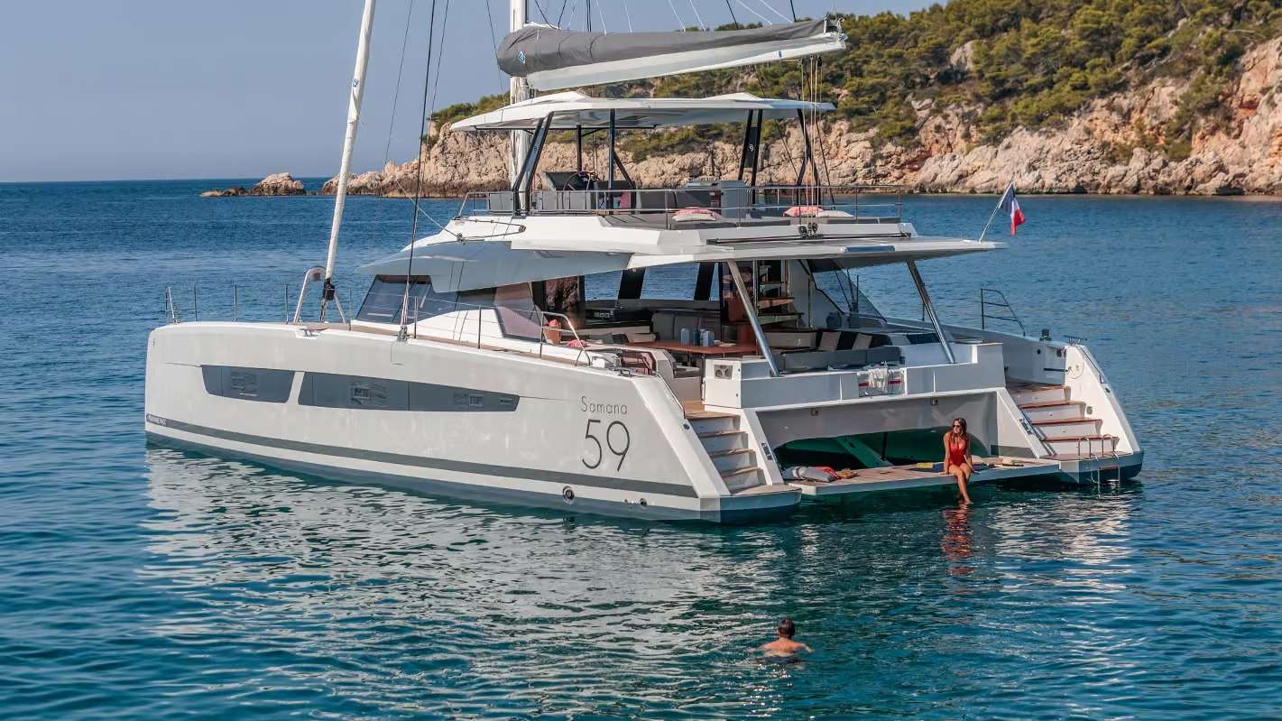 Hourglass Crewed Samana 59 Catamaran Charter Sailing the BVI